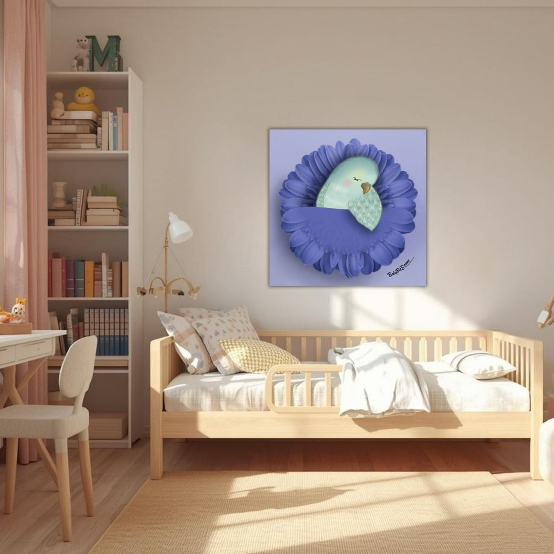 Children's bedroom with a bed, desk, and colorful wall art.