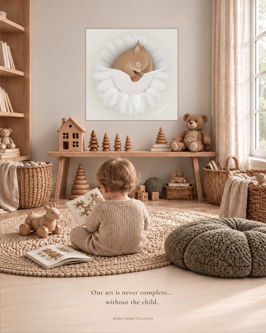 A young child looking at a picture book in a warm, nature-inspired playroom beneath BabyBlossom Art Design's sleeping squirrel wall art, featuring a hand-drawn squirrel nestled inside a white flower.